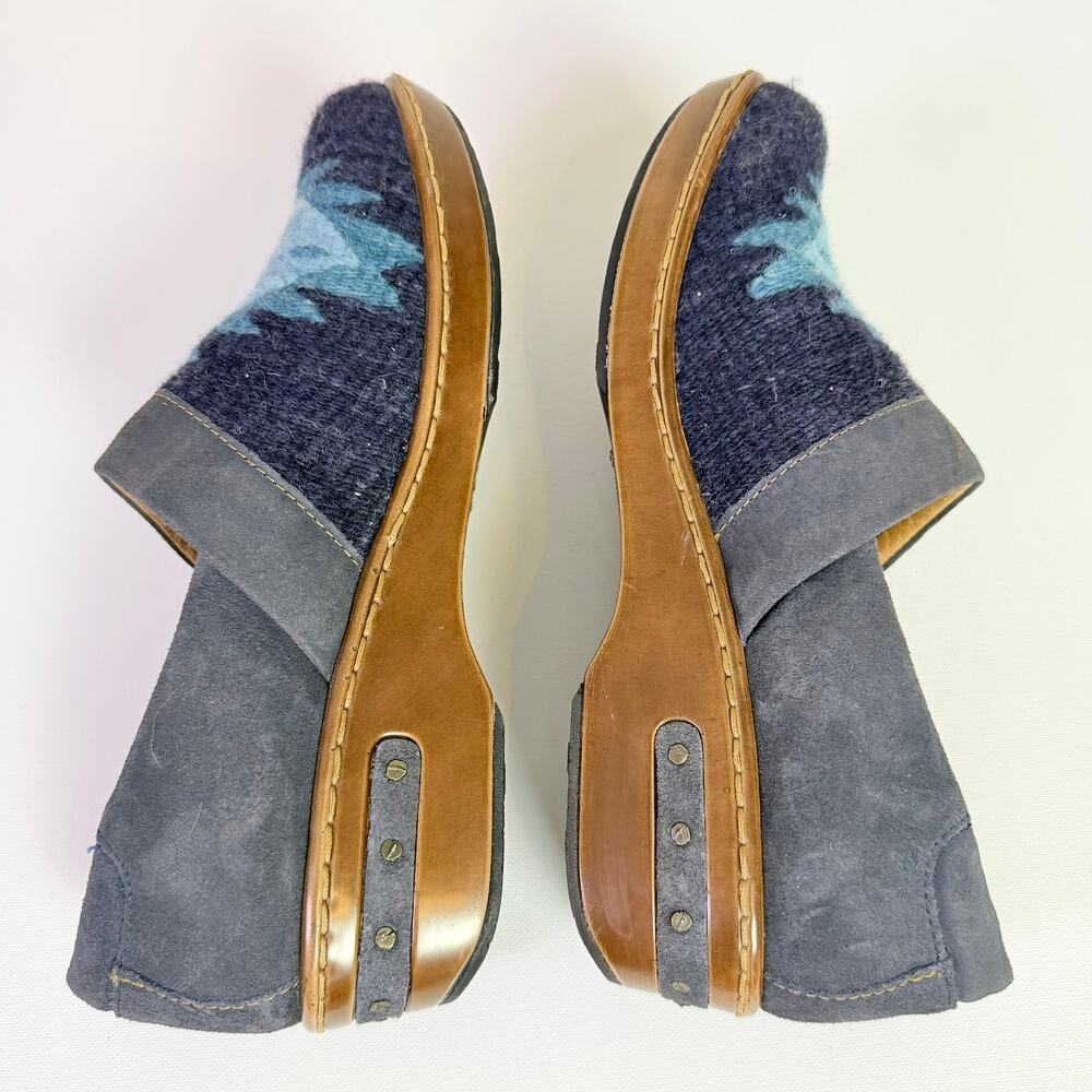 Born Bandy Navy Wool Southwest Blanket Blue Suede Wedge Clogs Women's 9 Slip Ons - Picture 7 of 10